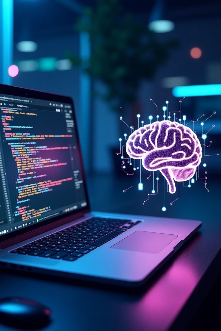 Laptop displaying mobile app source code with glowing AI brain hologram, representing custom mobile app development.
