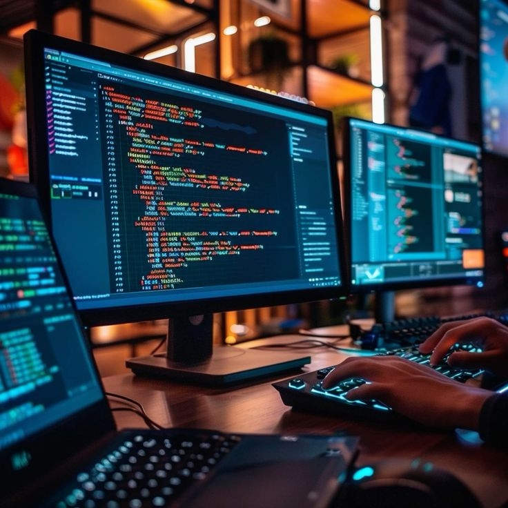 Software developer working on custom application development using multiple monitors with source code and analytics dash