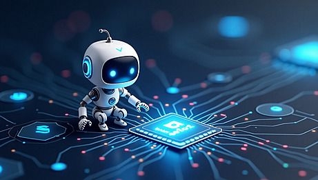 Artificial intelligence robot sitting on a processor chip symbolizing AI-powered mobile app development, machine learnin