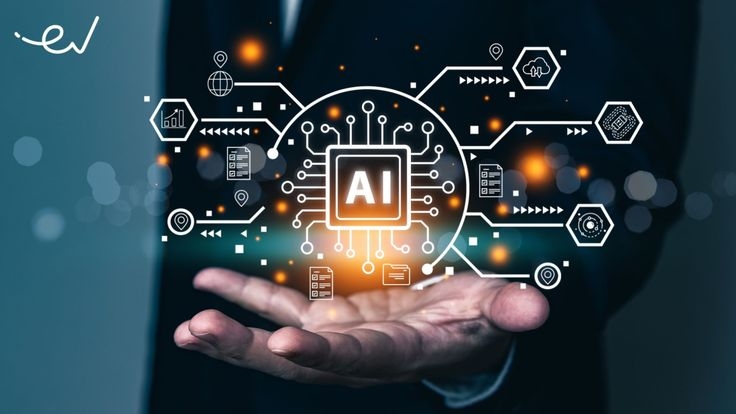 Business professional holding AI interface with microchip and connected digital icons representing AI.