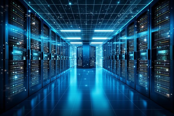 Modern data center server room with rows of high-performance servers supporting cloud computing, data storage, and enter