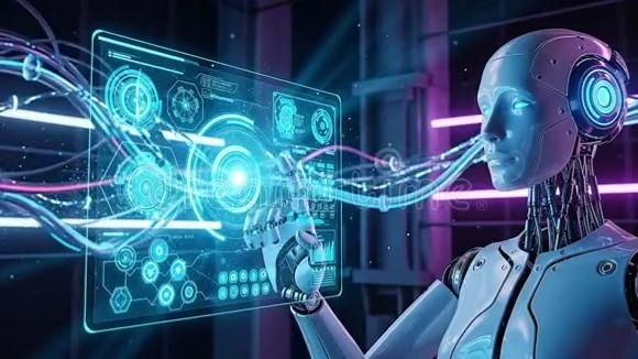 Humanoid robot controlling a futuristic digital interface representing artificial intelligence, machine learning, and ne