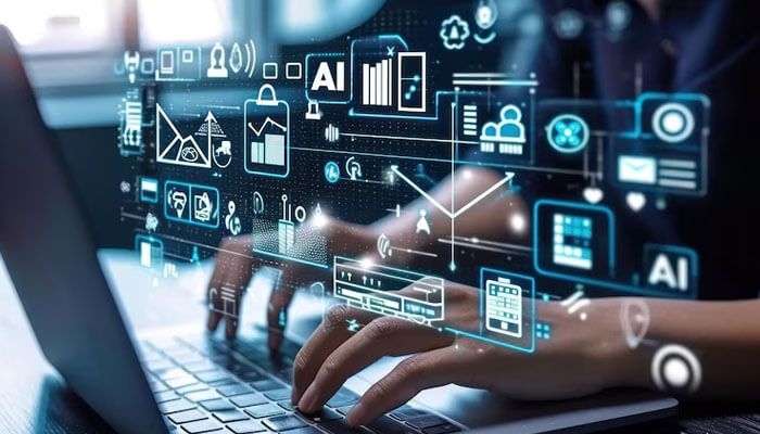 Developer working on laptop with AI analytics dashboard and digital icons representing artificial intelligence